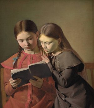 The Artist's Sisters Signe and Henriette Reading a Book by Constantin Hansen Oil Painting