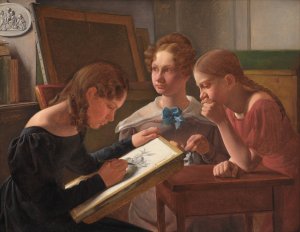 Three Young Girls. The Artist's Sisters; Alvilde, Ida and Henriette by Constantin Hansen Oil Painting