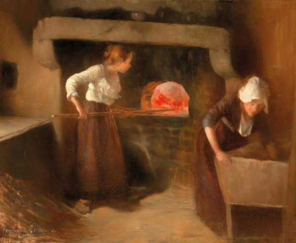 Women Baking Bread in Bretagne by Constantin Le Roux - Hand-Painted Oil Painting Reproduction