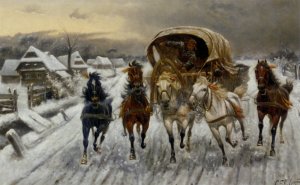 A Russian Caravan Racing in the Snow Oil painting by Constantin Stoiloff