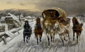 A Russian Caravan Racing in the Snow by Constantin Stoiloff Oil Painting