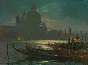 View of Santa Maria della Salute at Night by Constantin Westchiloff Oil Painting