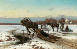 Ice Cutting in a Warm Afternoon Light by Constantine Kryzhitsky Oil Painting