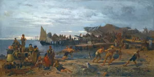 A Bustling Shore Oil painting by Constantinos Volanakis