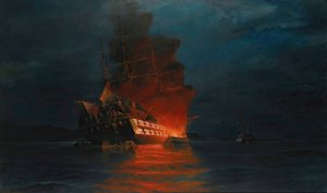 Burning of a Turkish flagship by Constantinos Volanakis Oil Painting