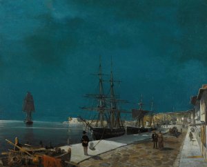 Harbour By Night by Constantinos Volanakis Oil Painting
