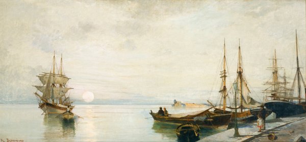 Sunset Over A Greek Port by Constantinos Volanakis - Hand-Painted Oil Painting Reproduction