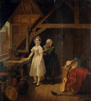 Maid Sewing A Lady Into A Corset by Constantinus Fidelio Coene Oil Painting