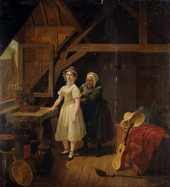 Main Product Photo of Maid Sewing A Lady Into A Corset Painting by Constantinus Fidelio Coene