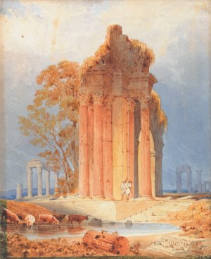 Cattle Watering by Corinthian Columns by Copley Fielding Oil Painting