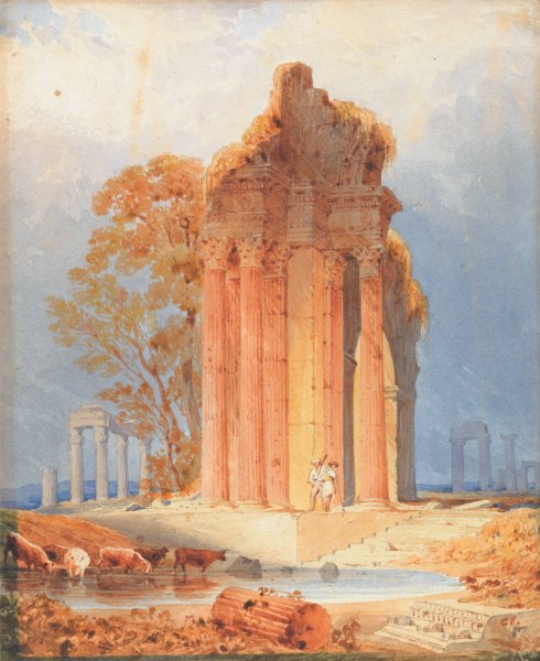 Cattle Watering by Corinthian Columns by Copley Fielding - Hand-Painted Oil Painting Reproduction