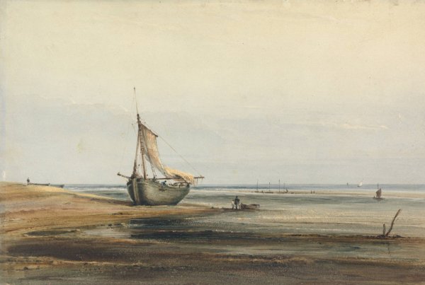 Coast Scene with a Beached Boat  by Copley Fielding - Hand-Painted Oil Painting Reproduction
