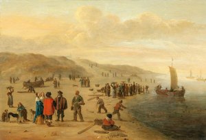 A beach scene with fishermen and their boats by Cornelis Beelt Oil Painting