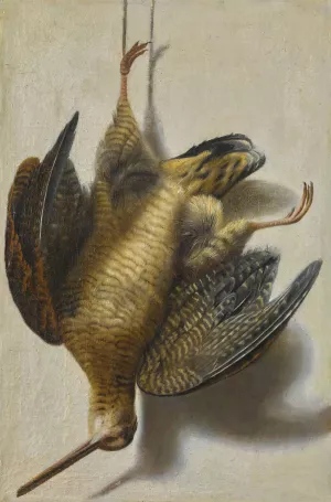 A trompe l'oeil with a woodcock hanging before a wall Oil painting by Cornelis Biltius