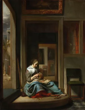 Woman Peeling an Apple by Cornelis Bisschop Oil Painting