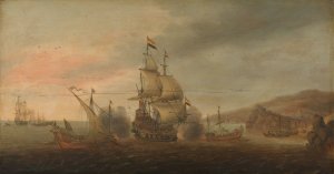 Naval Battle between Dutch Men-of-War and Spanish Galleys by Cornelis Bol Oil Painting