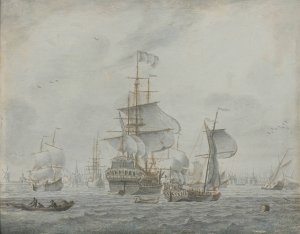 Shipping In A Gusty Breeze by Cornelis Bouwmeester Oil Painting