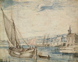 Ships Near a Village by Cornelis Claesz Van Wieringen Oil Painting