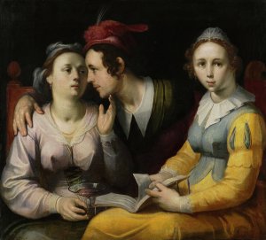 A Courting Couple and Woman with a Songbook by Cornelis Cornelisz Van Haarlem Oil Painting