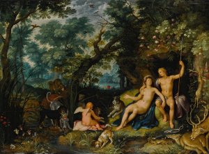 Venus and Adonis resting in an extensive landscape, with Cupid and hunting dogs and their quarries by Cornelis Cornelisz Van Haarlem Oil Painting