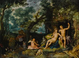Venus and Adonis resting in an extensive landscape, with Cupid and hunting dogs and their quarries Oil painting by Cornelis Cornelisz Van Haarlem