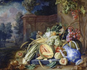 Still Life With Vegetables And Fruit Before A Garden Balustrade by Cornelis De Heem Oil Painting