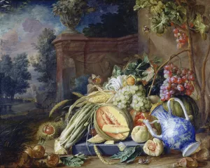 Still Life With Vegetables And Fruit Before A Garden Balustrade by Cornelis De Heem Oil Painting