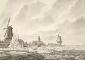 Gezicht van de opkruijing van het ijs, op en tegen de borstwering agter de Runmolen te Gorinchem, den 20.n Februarij 1799 by Cornelis De Jonker Oil Painting