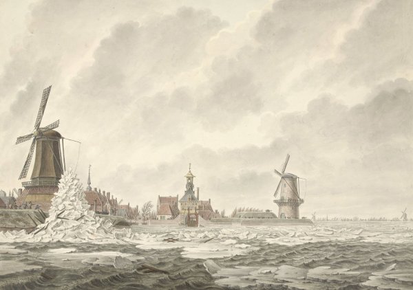 Gezicht van de opkruijing van het ijs, op en tegen de borstwering agter de Runmolen te Gorinchem, den 20.n Februarij 1799  by Cornelis De Jonker - Hand-Painted Oil Painting Reproduction