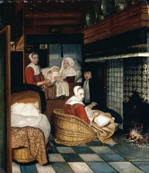 Interior with a Family and Two Nurses before a Fire Oil painting by Cornelis De Man