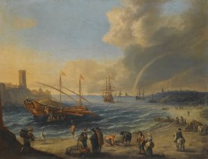 A Mediterranean Harbour Scene With An Ottoman Barge And Other Boats, Figures On The Beach, A Rainbow In The Distance by Cornelis De Wael Oil Painting