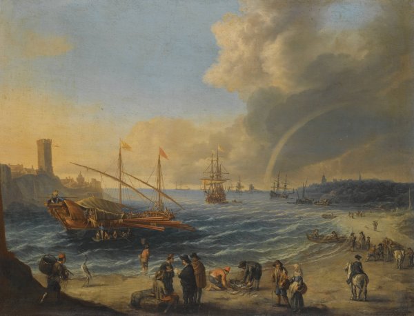 Main Product Photo of A Mediterranean Harbour Scene With An Ottoman Barge And Other Boats, Figures On The Beach, A Rainbow In The Distance Painting by Cornelis De Wael