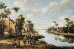 A River Landscape With Figures Resting Near An Inn by Cornelis Droochsloot Oil Painting