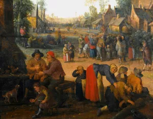 A village scene with numerous peasants and a travelling merchant by Cornelis Droochsloot Oil Painting