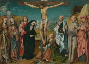 Christ on the Cross, with Mary, John, Mary Magdalene and Sts Cecilia and Barbara by Cornelis Engebrechtsz Oil Painting