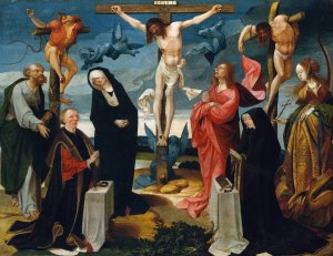 The Crucifixion with Donors and Saints Peter and Margaret by Cornelis Engebrechtsz Oil Painting
