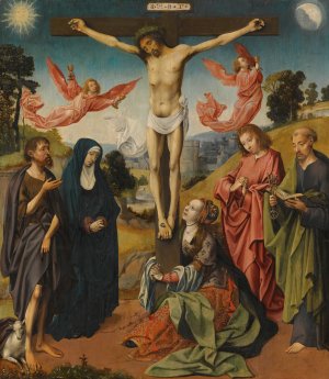 The Crucifixion With The Virgin Mary, Saints Mary Magdalene, John The Baptist, Peter, And An Unidentified Male Saint by Cornelis Engebrechtsz Oil Painting
