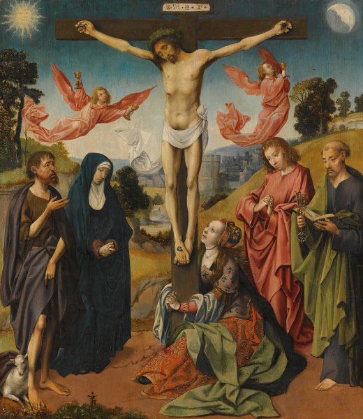The Crucifixion With The Virgin Mary, Saints Mary Magdalene, John The Baptist, Peter, And An Unidentified Male Saint by Cornelis Engebrechtsz - Hand-Painted Oil Painting Reproduction