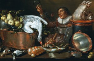 A kitchen interior with a drinker, copper and tin vessels, game and fruit by Cornelis Jacobsz Delff Oil Painting