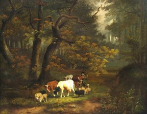 Waldinneres mit kleiner Kuh- und Schafherde by Cornelis Johannes De Vogel Oil Painting