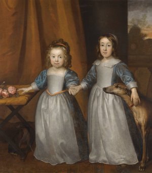 Portrait of Two Young Girls On A Terrace With Two Hounds, A Landscape Beyond by Cornelis Jonson Van Ceulen Oil Painting
