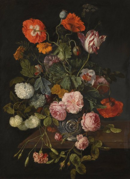 A Still Life With Parrot Tulips, Poppies, Roses, Snow Balls, And Other Flowers In A Glass Vase Over A Stone Ledge by Cornelis Kick - Hand-Painted Oil Painting Reproduction
