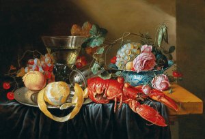 A still life with fruit and a boiled lobster by Cornelis Mahu Oil Painting