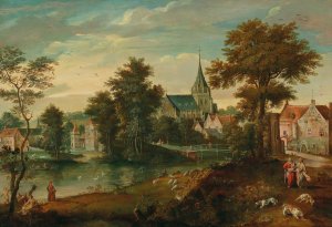A river landscape with two patriarchs near a town by Cornelis Molenaer Oil Painting