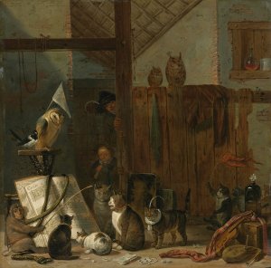 A Concert Of Cats, Owls, A Magpie, And A Monkey In A Barn by Cornelis Saftleven Oil Painting
