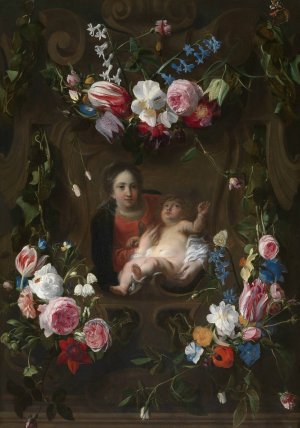 Madonna in a Floral Wreath by Cornelis Schut Oil Painting