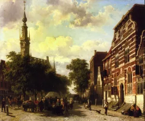 A Busy Market in Veere with the Clocktower of the Town Hall Beyond painting by Cornelis Springer