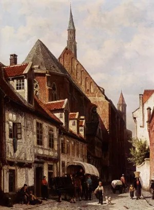 A Busy Street In Bremen With The Saint Johann Church In The Background