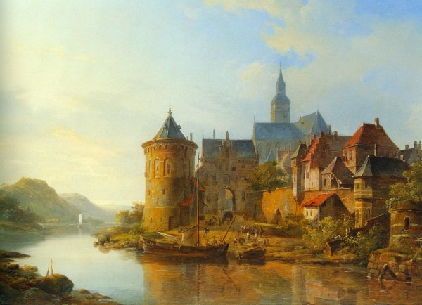 Main Product Photo of A View of a Town Along the Rhine Painting by Cornelis Springer