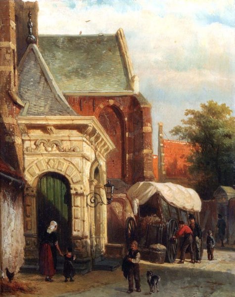Main Product Photo of A View Of The South Entrance Of The St. Pancras Church, Enkhuizen Painting by Cornelis Springer